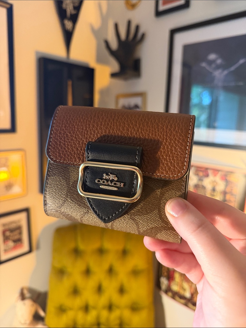 Coach Two-Tone Brown & Black Leather Mini Wallet with Signature Buckle Morgan